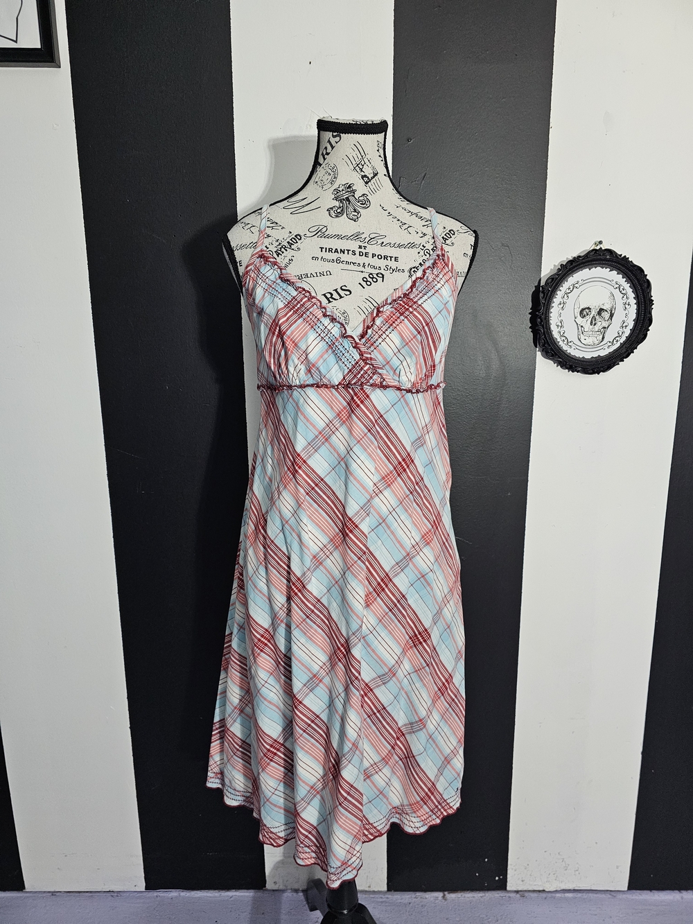 Tommy Hilfiger Red and Light Blue Plaid Midi Spaghetti-Strap Dress